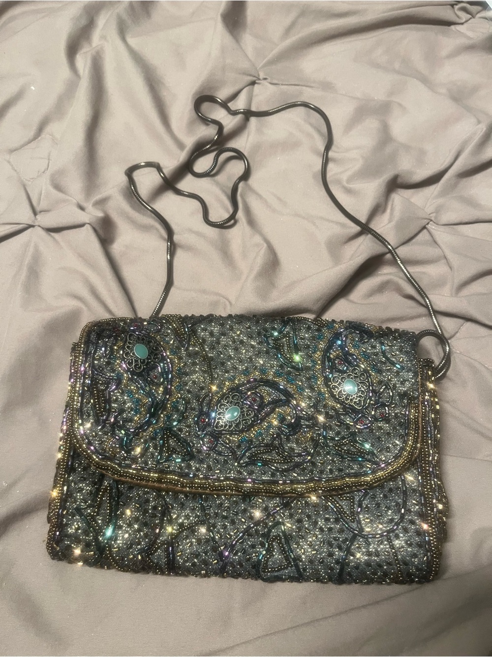 Vintage Beaded Handmade Metallic Paisley Crossbody Clutch - Gold
